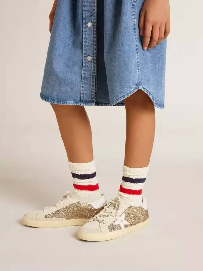 Super-Star Young in goudglitter met witte leren ster en hielstuk