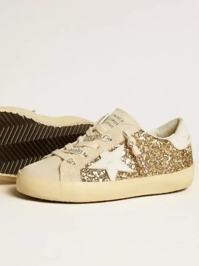 Super-Star Young in goudglitter met witte leren ster en hielstuk