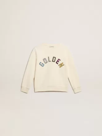 Sweatshirt in oud wit met veelkleurige gouden letters op de voorkant