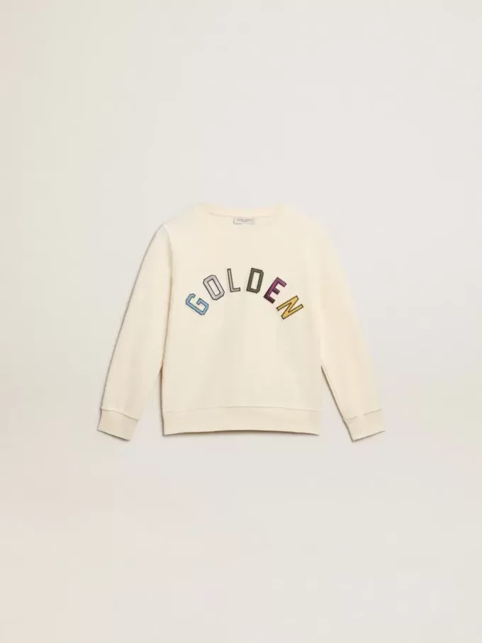 Sweatshirt in oud wit met veelkleurige gouden letters op de voorkant