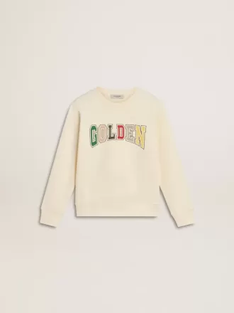 Sweatshirt in oud wit met veelkleurige gouden letters op de voorkant