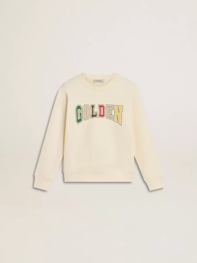 Sweatshirt in oud wit met veelkleurige gouden letters op de voorkant