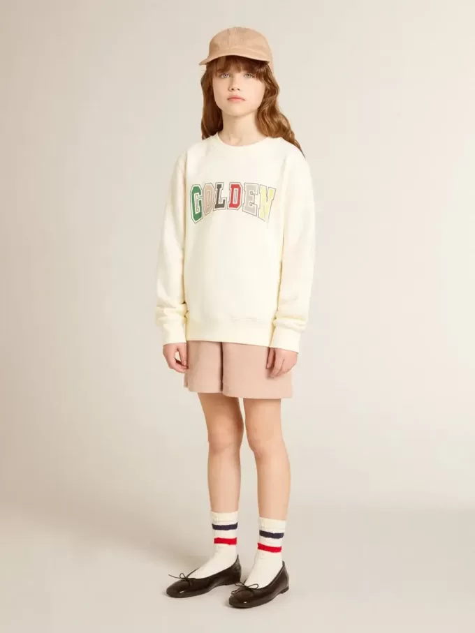 Sweatshirt in oud wit met veelkleurige gouden letters op de voorkant