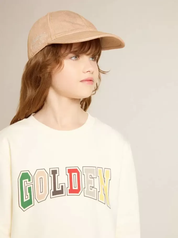 Sweatshirt in oud wit met veelkleurige gouden letters op de voorkant