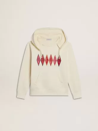 Sweatshirt met capuchon in versleten wit met gouden borduursel op de voorkant.