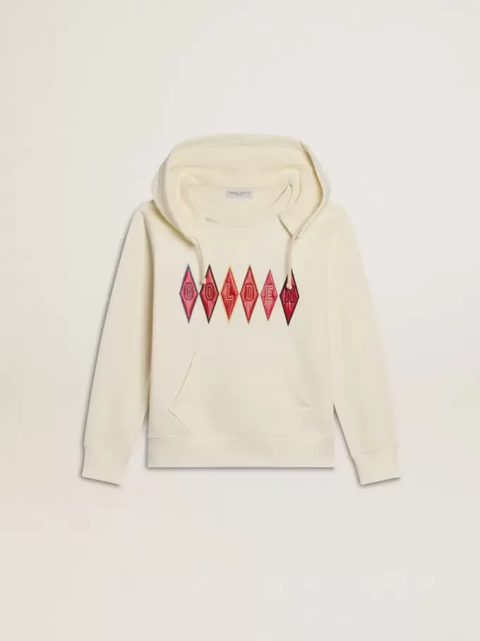 Sweatshirt met capuchon in versleten wit met gouden borduursel op de voorkant.
