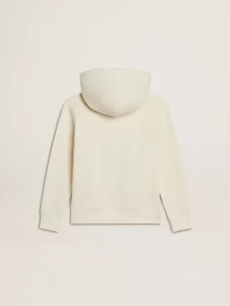 Sweatshirt met capuchon in versleten wit met gouden borduursel op de voorkant.