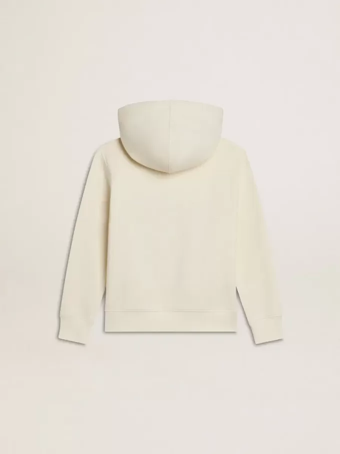 Sweatshirt met capuchon in versleten wit met gouden borduursel op de voorkant.