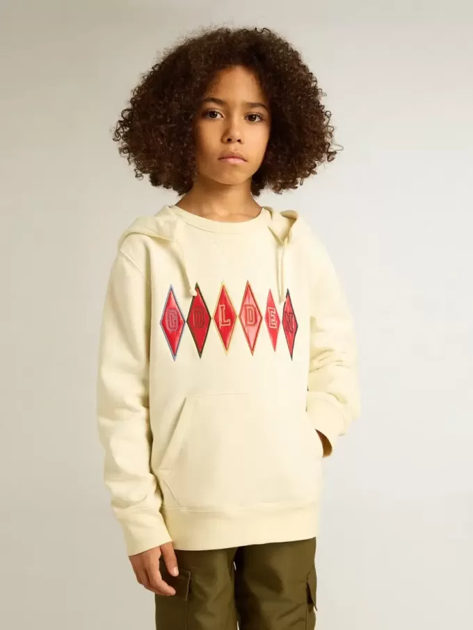 Sweatshirt met capuchon in versleten wit met gouden borduursel op de voorkant.