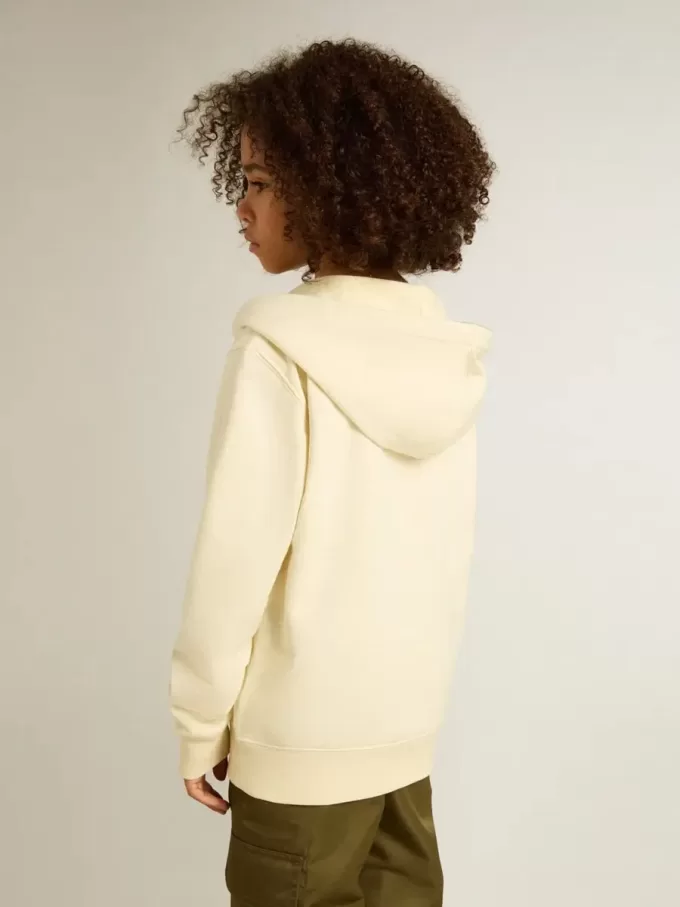 Sweatshirt met capuchon in versleten wit met gouden borduursel op de voorkant.
