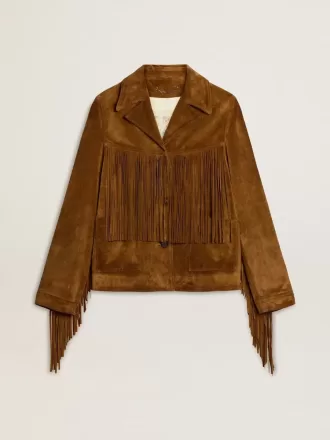 Tabakskleurig suède damesjack met franjes