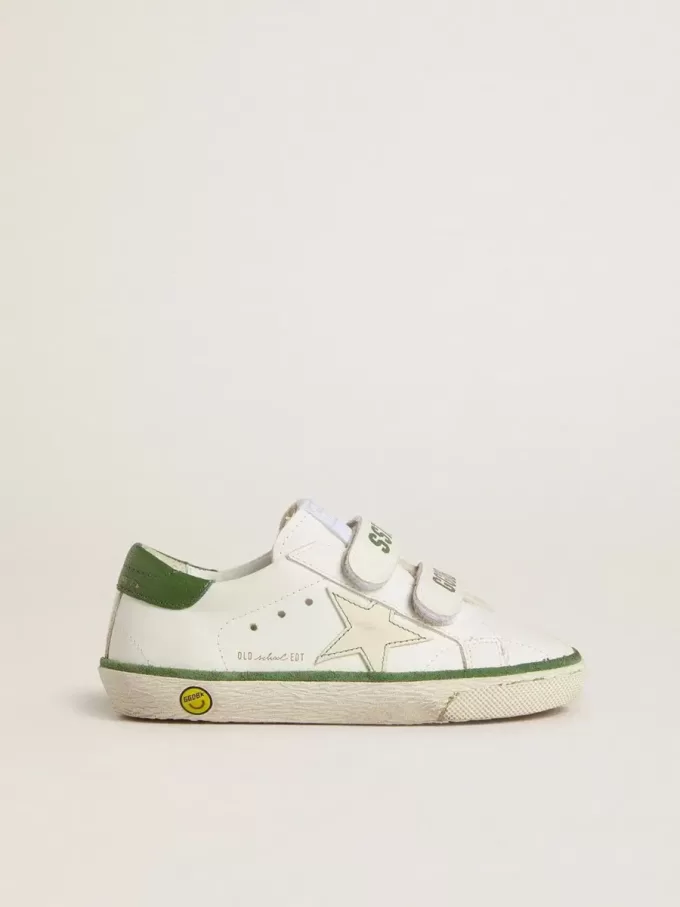 Teen Old School in wit leer met groene nappa hiellip en groene inzet.