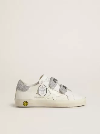 Teen Old School in wit leer met zilveren Swarovski-kristallen hielstuk en bandjes