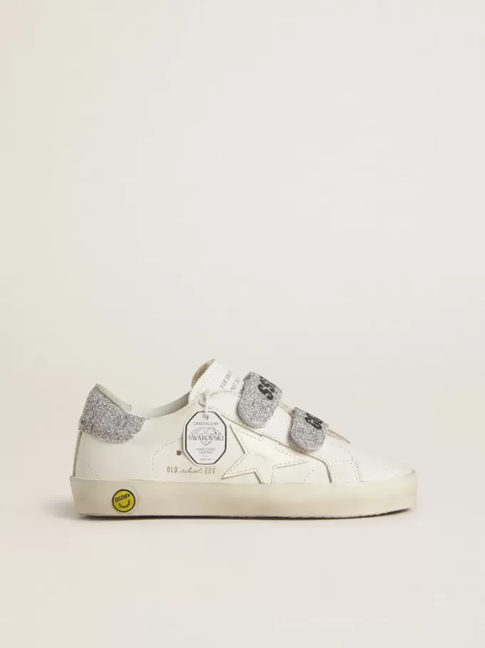 Teen Old School in wit leer met zilveren Swarovski-kristallen hielstuk en bandjes