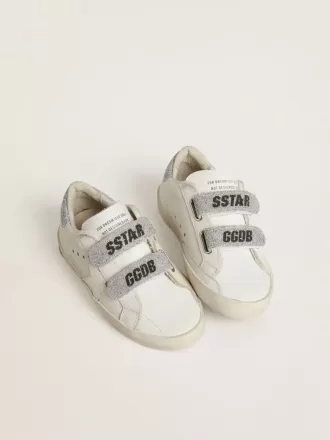 Teen Old School in wit leer met zilveren Swarovski-kristallen hielstuk en bandjes