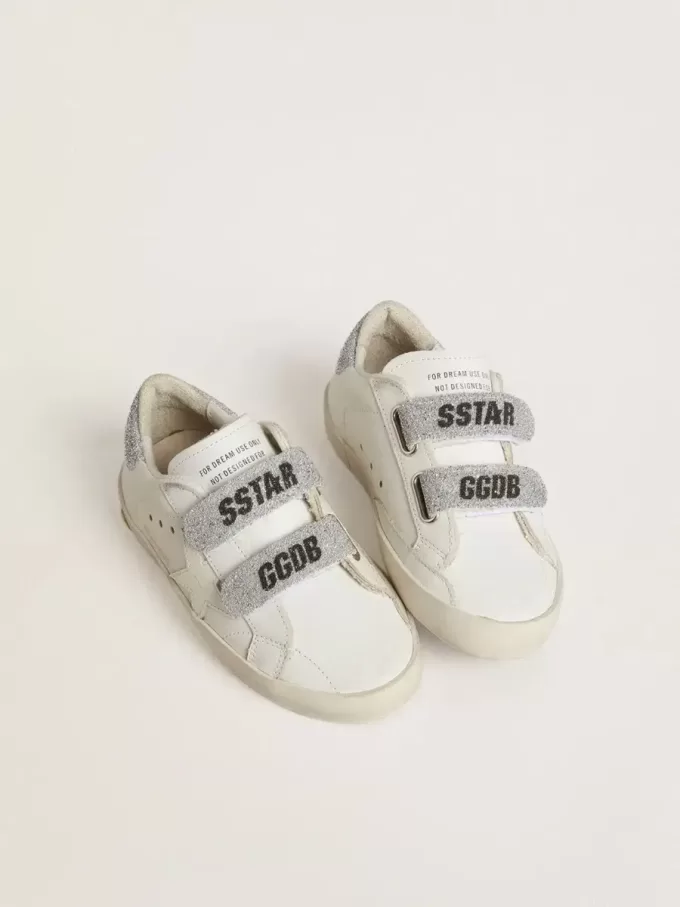 Teen Old School in wit leer met zilveren Swarovski-kristallen hielstuk en bandjes
