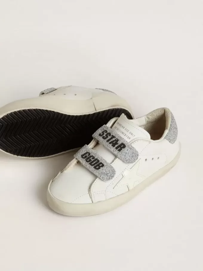 Teen Old School in wit leer met zilveren Swarovski-kristallen hielstuk en bandjes