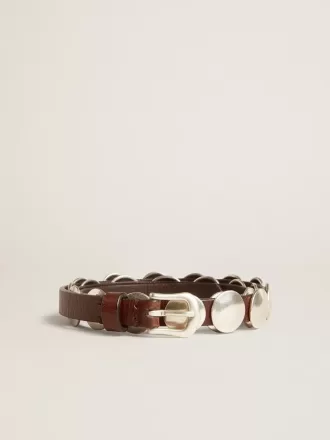 Trinidad dunne riem van donkerbruin leer met zilveren studs