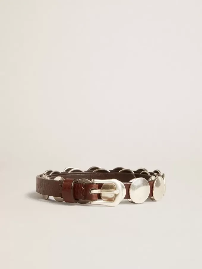 Trinidad dunne riem van donkerbruin leer met zilveren studs