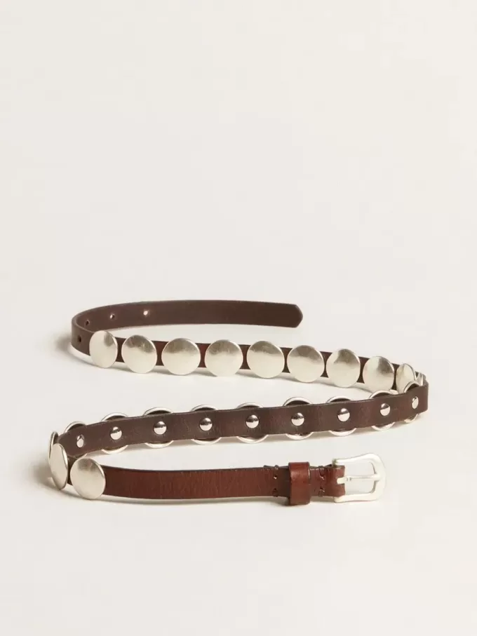 Trinidad dunne riem van donkerbruin leer met zilveren studs
