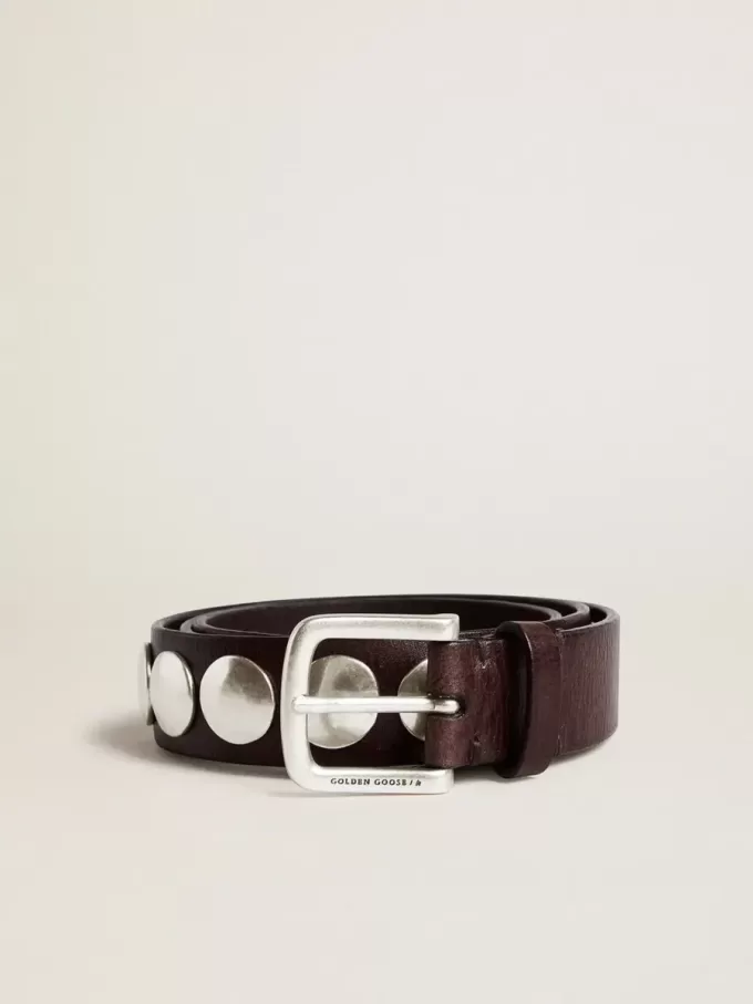 Trinidad-riem van donkerbruin leer met zilveren maxi-studs