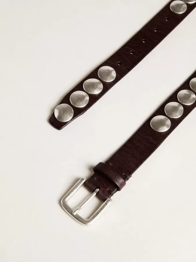 Trinidad-riem van donkerbruin leer met zilveren maxi-studs