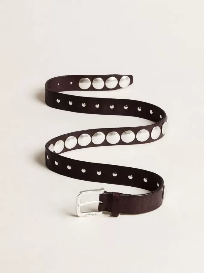 Trinidad-riem van donkerbruin leer met zilveren maxi-studs