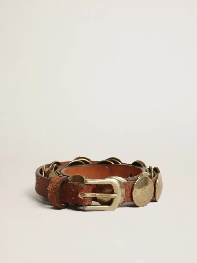 Trinidad-riem van verouderd bruin leer met gouden maxi-studs