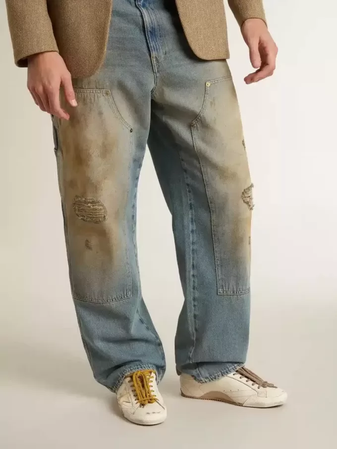 True-Star voor heren in wit nappaleer met gouden folie-ster en beige suède hielstuk.