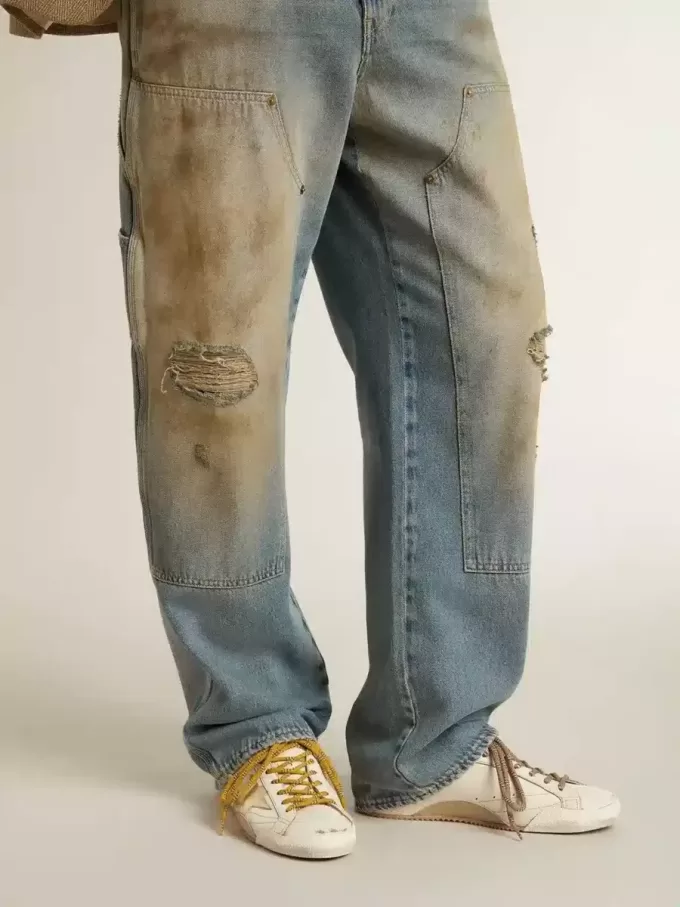 True-Star voor heren in wit nappaleer met gouden folie-ster en beige suède hielstuk.