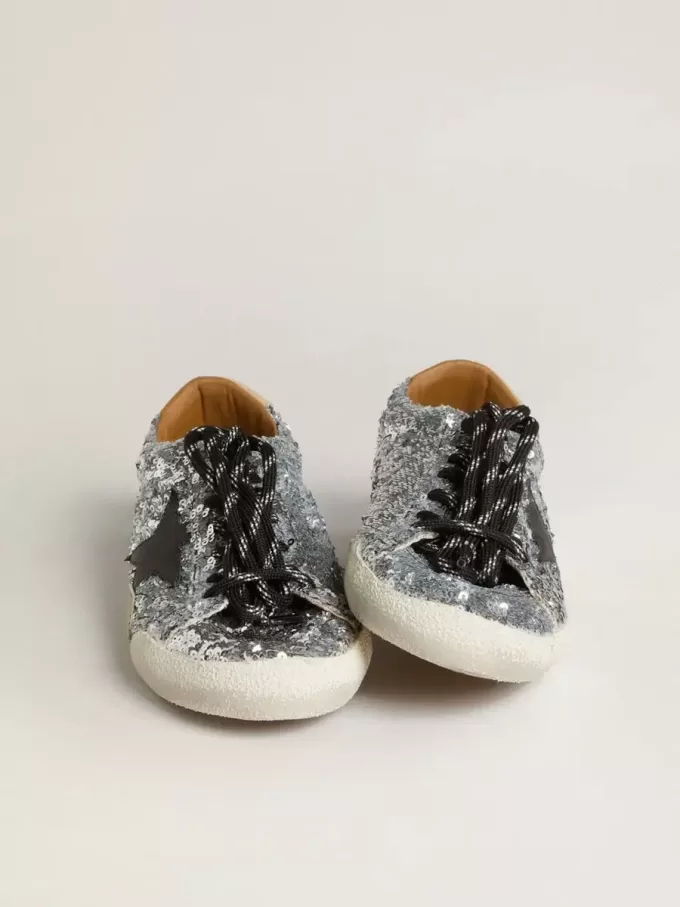 True-Star voor heren in zilveren pailletten met zwarte ster en beige leren hielstuk