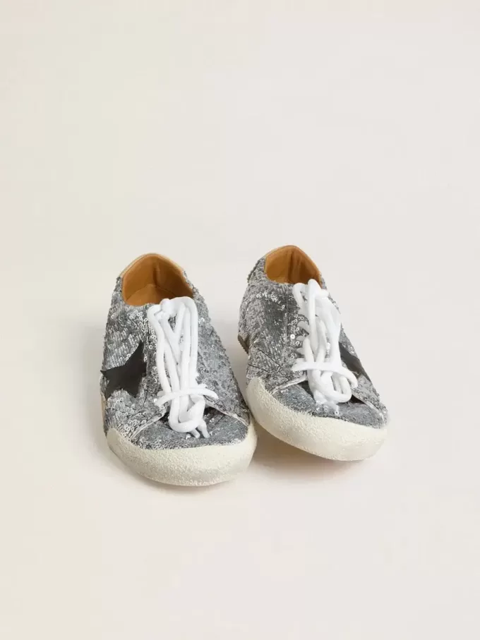 True-Star voor heren in zilveren pailletten met zwarte ster en beige leren hielstuk
