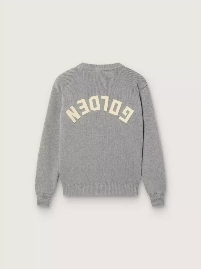 Unisex Golden-trui voor kinderen in geribbeld grijs gemêleerd met logo op de achterkant