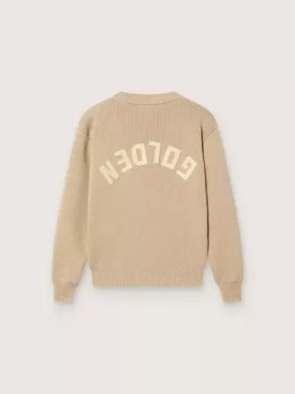 Unisex goudbeige geribbelde trui voor kinderen met logo op de achterkant