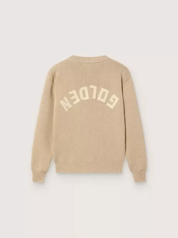 Unisex goudbeige geribbelde trui voor kinderen met logo op de achterkant