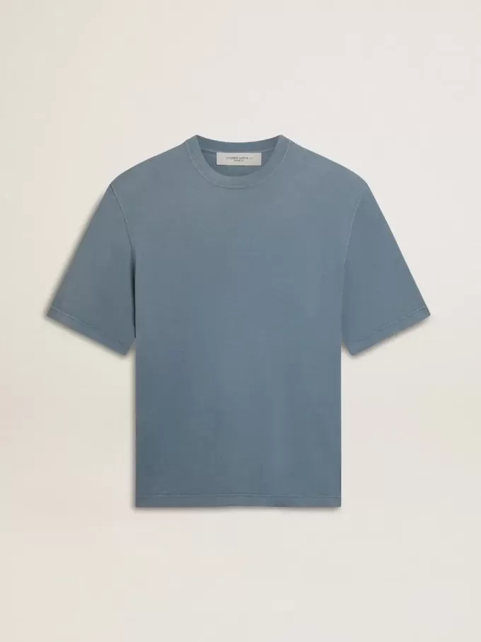 Unisex katoenen T-shirt in babyblauw met omgekeerde print op de achterkant