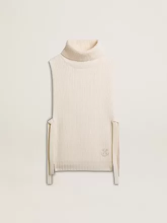 Unisex witte mouwloze trui met hoge kraag van geribde wol