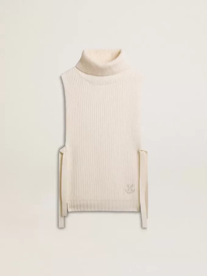 Unisex witte mouwloze trui met hoge kraag van geribde wol
