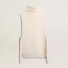 Unisex witte mouwloze trui met hoge kraag van geribde wol