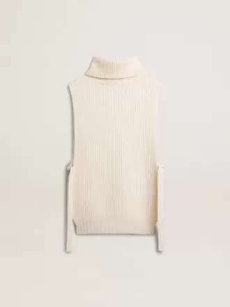 Unisex witte mouwloze trui met hoge kraag van geribde wol