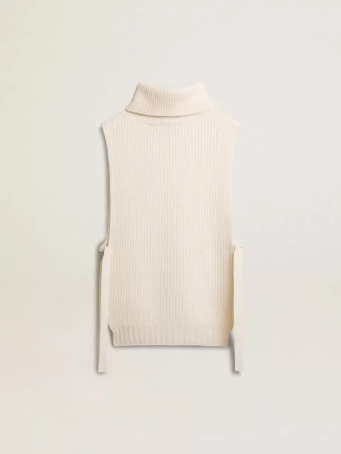 Unisex witte mouwloze trui met hoge kraag van geribde wol