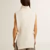 Unisex witte mouwloze trui met hoge kraag van geribde wol
