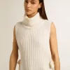 Unisex witte mouwloze trui met hoge kraag van geribde wol