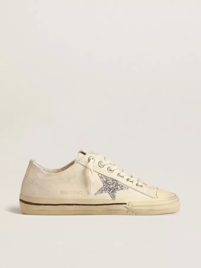 V-Star in beige canvas met een zilveren glitterster