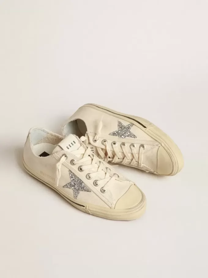 V-Star in beige canvas met een zilveren glitterster