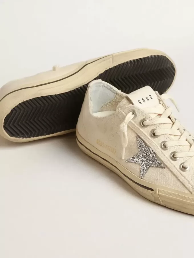V-Star in beige canvas met een zilveren glitterster