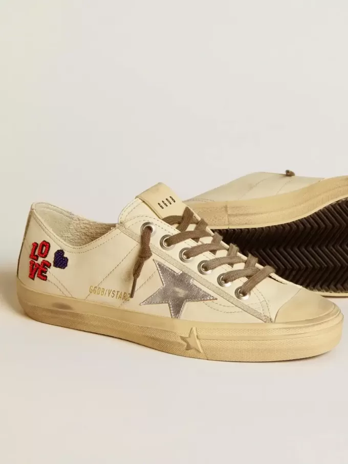 V-Star in ecru nappa met zilveren nappa ster en kralenborduursel