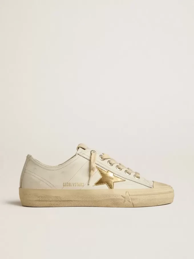 V-Star in wit leer met gouden metallic leren ster