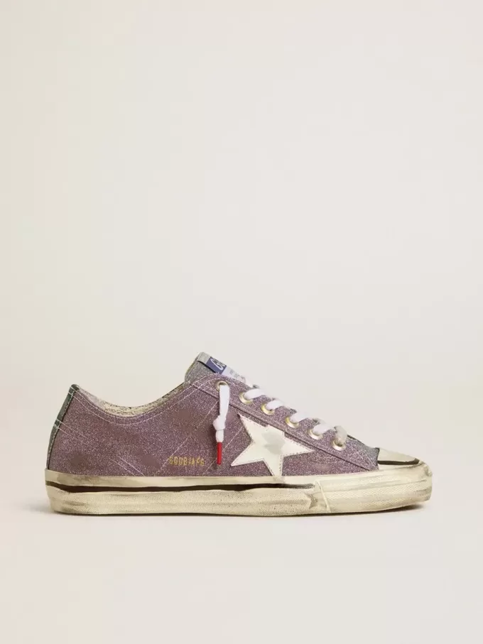 V-Star LAB voor dames in lila leer en glitter met witte ster en zilveren glitter tong
