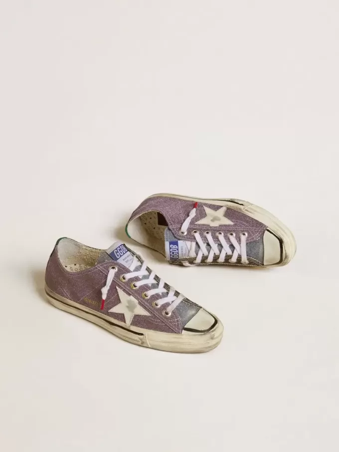 V-Star LAB voor dames in lila leer en glitter met witte ster en zilveren glitter tong